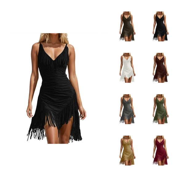 Western Cowgirl Dress for Women Slim Fit Sleeveless V Neck Ruched Tassel Fringe Midi Dresses Country Concert Dress