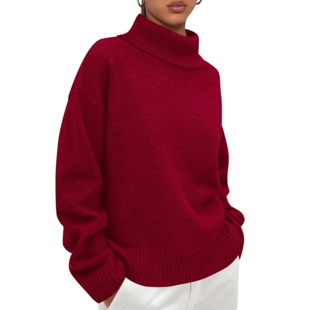 Suéter PRETTYGARDEN Cuello Alto Holgado Tejido Grueso Rojo Talla L