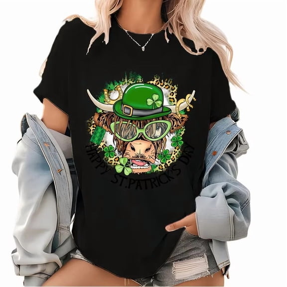 Black St Patricks Day Print Tshirt Graphic Tees Shirts Lucky Highland Cow With Shamrock Hat Glasses Irish Festival Casual Daily Fashion Tops Sizes S-5XL