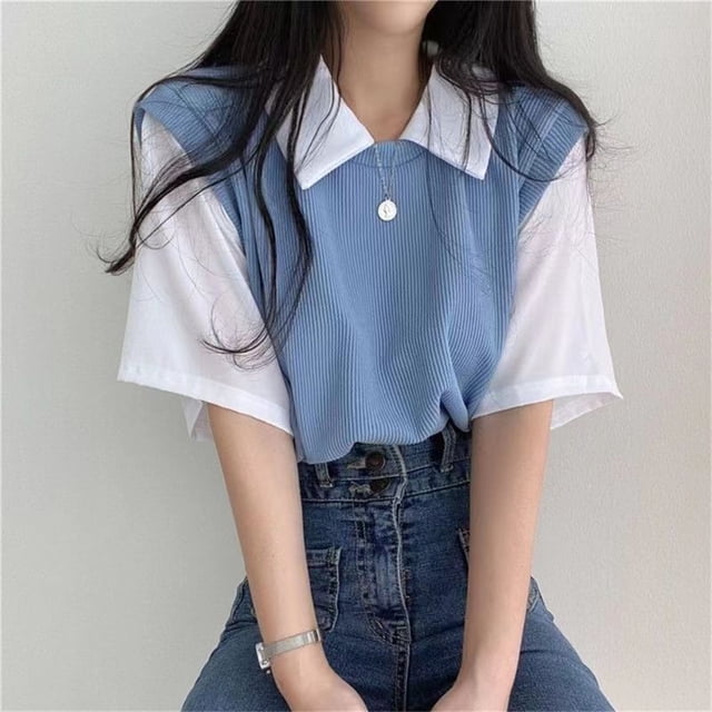 Blusa de estilo coreano para mujer, blusa falsa de dos piezas con cuello tipo Polo, Tops Y2k, ropa de calle holgada para jóvenes, camisa elegante