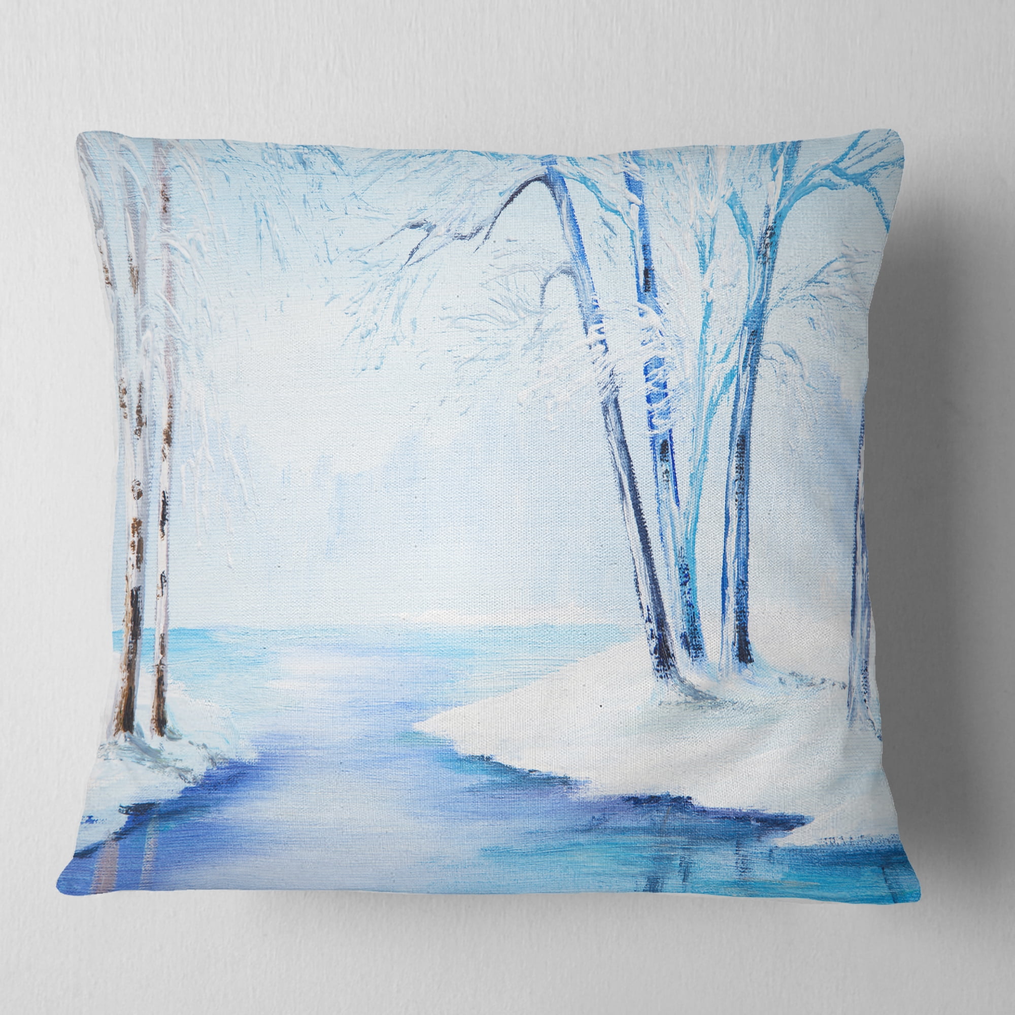 Designart River in Snowy Winter - Abstract Landscape Printed Throw Pillow - 16x16