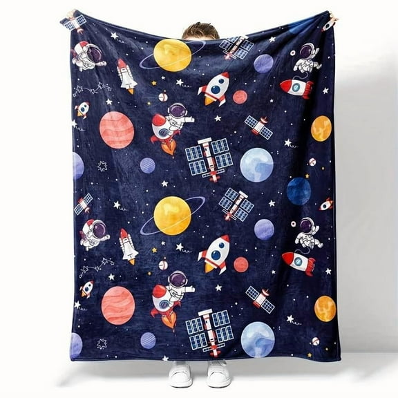 Space-Themed Plush Fleece Blanket - Navy Blue with Colorful Rockets, Planets, Astronauts - Soft Cozy All-Season Gift for Space Enthusiasts, Kids Room & Party Decor