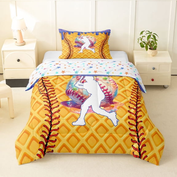 Erosebridal Purple Dripping Waffle Baseball Batter & Baseball Graphic Twin Comforter Sets 3-Piece, Sport Graphic Bedding Set for Boys And Girls Kids,Luxury Bedroom Decor