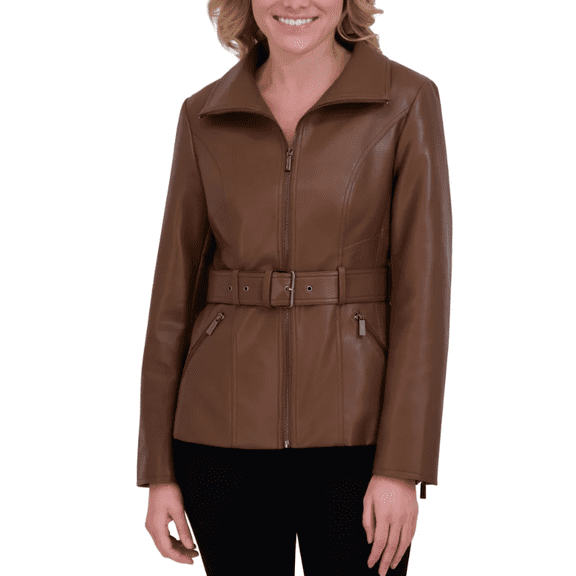 Kenneth Cole Women's Belted Faux Leather Jacket Brown Small