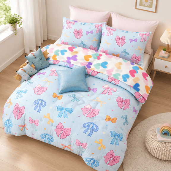 Blue Full Size Bed-In-A-Bag Bowknot Polka Dot Quilt Bedding Set