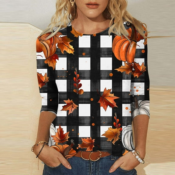 VKOYWKM Womens Tops Thanksgiving 3/4 Sleeve T-Shirt Fall Pumpkin Graphic Tees Thankful Blessed Crew Neck Holiday Top Halloween Shirts