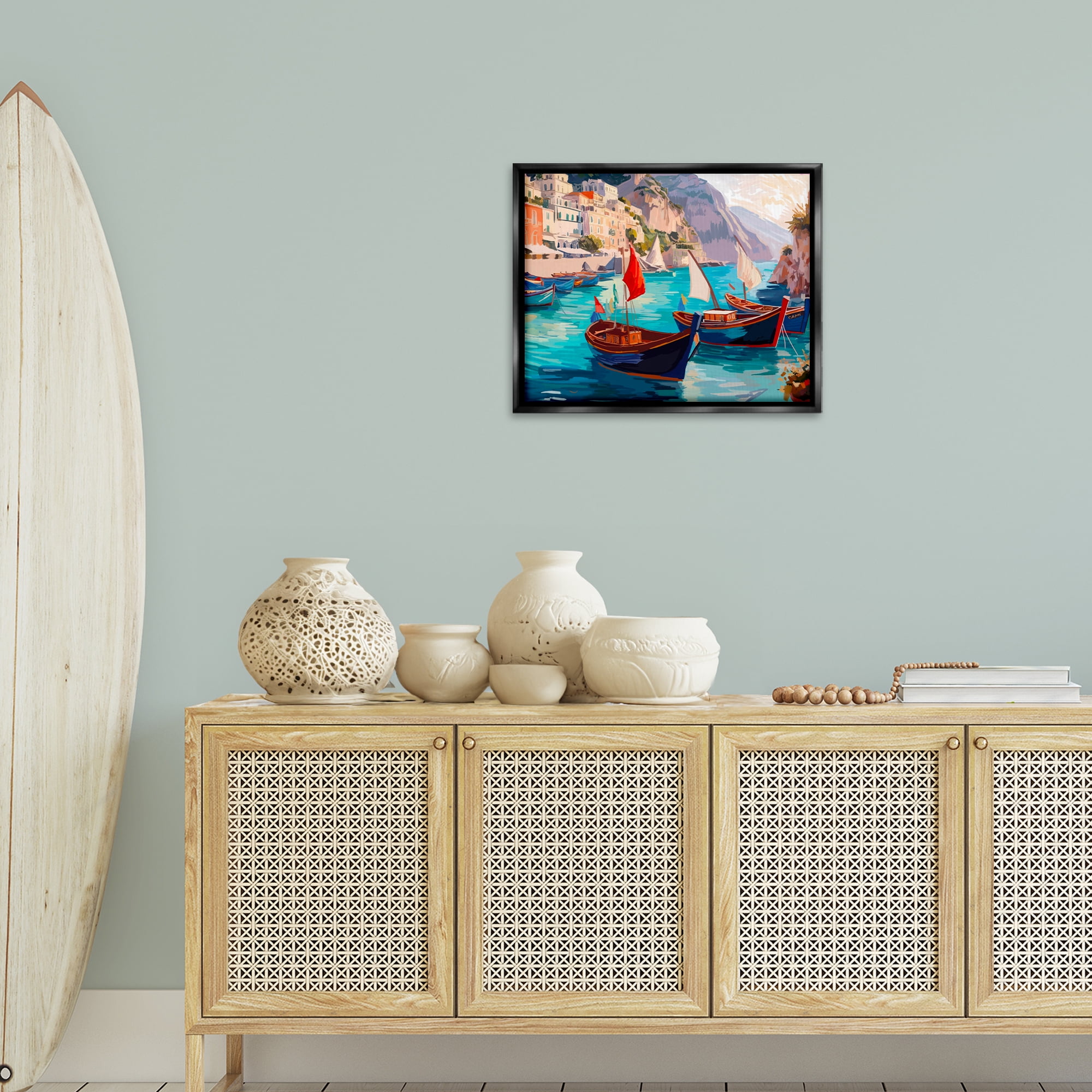 Stupell Industries Capri Boat Marina View Nautical & Beach Painting Black Floater Framed Canvas Art Print Wall Art, 21 x 17