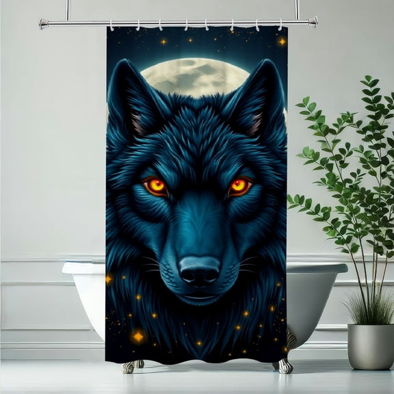 RKSupls Waterproof Shower Curtain, Blue Black Wolf Glowing Eyes Polyester Shower Curtain with Hooks for Chic Elegant Home Bathtub Bathroom Decor Washable Curtains