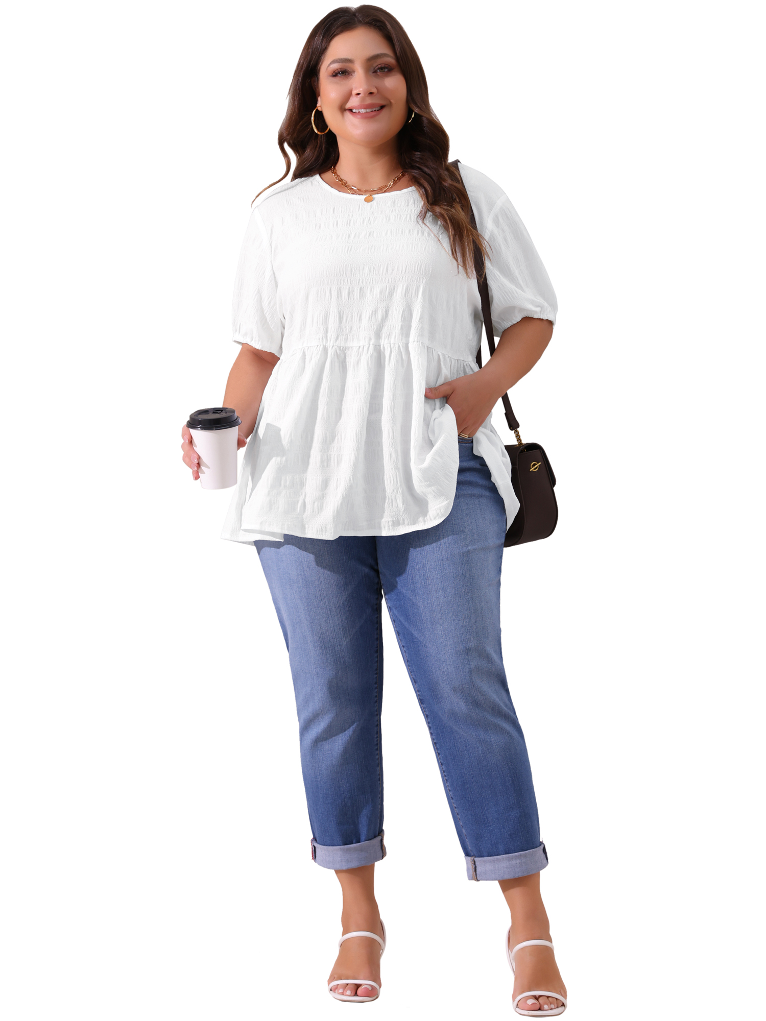 Women's Plus Babydoll Tops Crewneck Short Sleeve Loose Fit Flowy Blouse 1X White