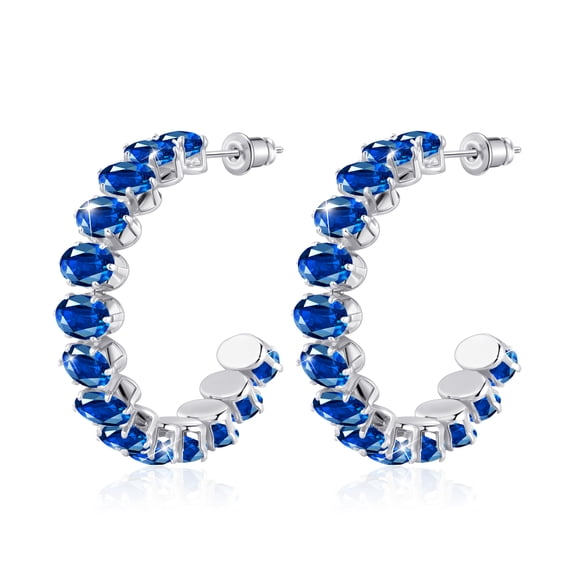 Linawe Sapphire Blue Silver Half Hoop Earrings for Women, Hypoallergenic Huggie Earrings, Birthstone Cubic Zirconia Rhinestone Imitation Diamond Crystal Titanium Hoop Earrings
