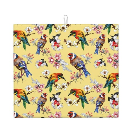 

Dish Drying Mats for Kitchen Counter - Bright Birds Flowers 16x18In Anti-Slip Absorbent Microfiber Drying Mat for Kitchen Counter Mat Dish Rack Mat with Hanging Loop