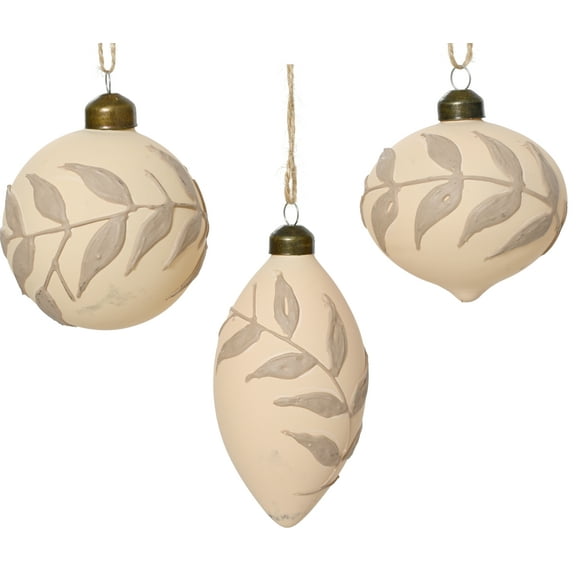 Leaf Ornaments - Blown Glass Christmas Decorations Matte Ivory Tan, Set of 3