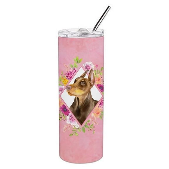 20 oz Doberman Pinscher Pink Flowers Double Walled Stainless Steel Skinny Tumbler