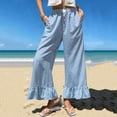 thumbnail image 3 of Women's Checkered Wide Leg Long Pants, High Waist Casual Trousers with Ruffle Hem, Loose Fit Summer Home Vacation Style Pants for Daily Wear Light Blue XL, 3 of 5