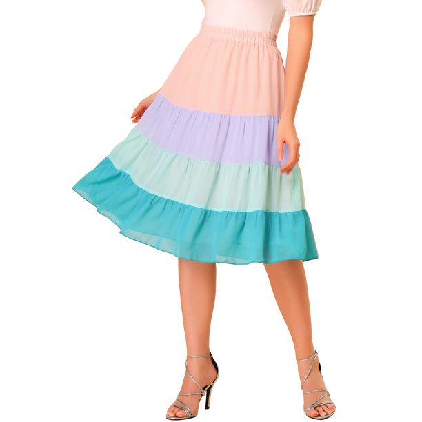 Falda escalonada elegante de gasa de verano con cintura elástica para mujer Rosa S