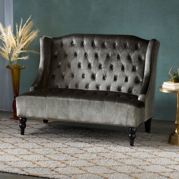 Velvet Loveseat with Wingback and Tufted Back, Gray, 50 Inch