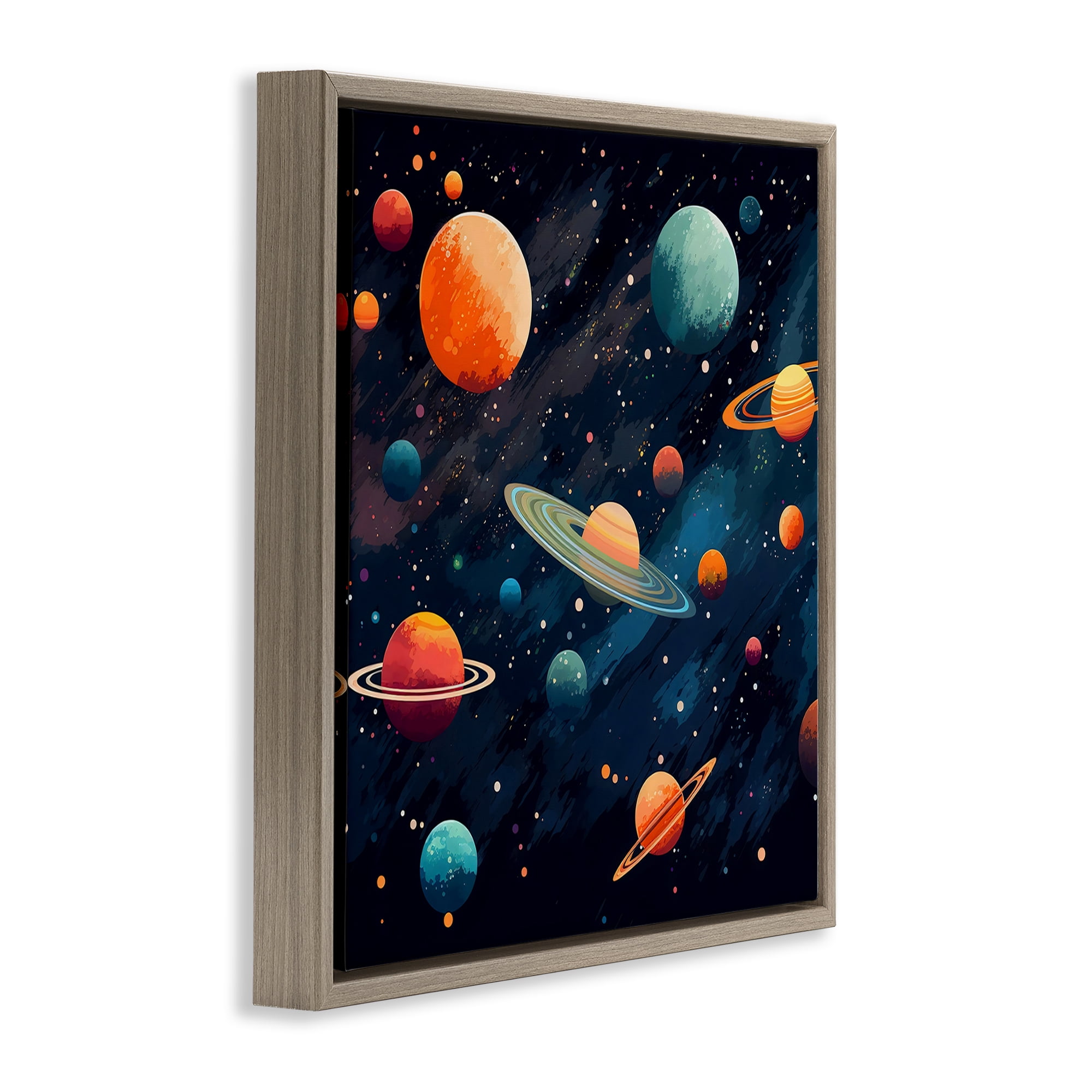 Stupell Industries Orange & Blue Planets in Orbit Brown Framed Floater Canvas Wall Art, design by Creative Studio