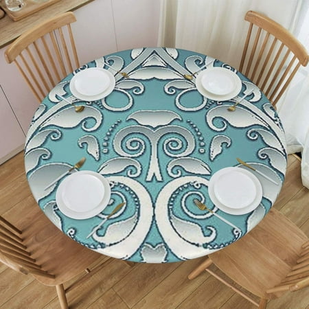 

Lace Pattern Flower Sky Blue and Silver Elastic Dining Table Cover - Water Resistant and Windproof Protector 40 -48 24jl23caA142