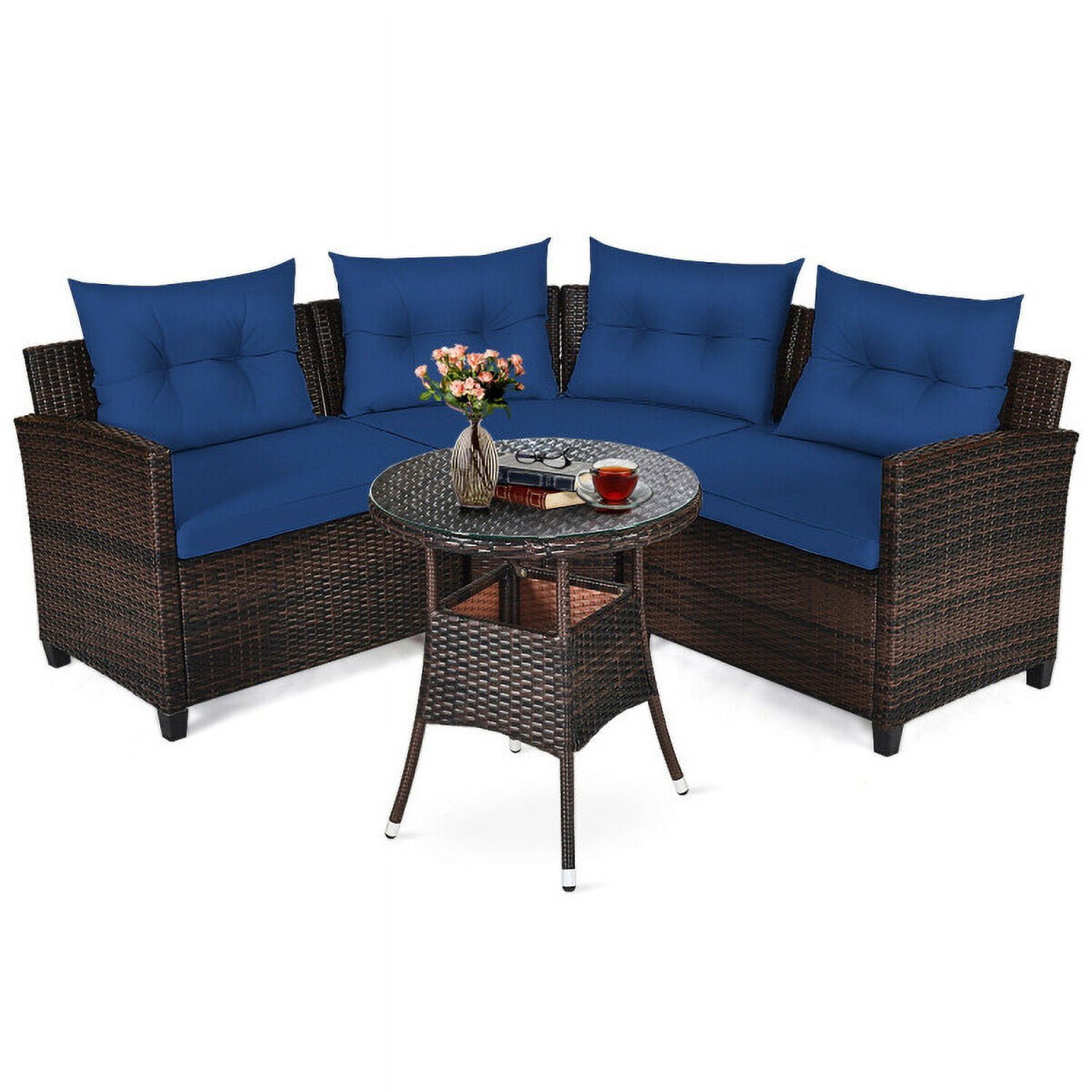Aimee Lii 4 Pieces Outdoor Cushioned Rattan Furniture Set, Outdoor Deck Furniture, Navy Aimee Lii 4 Pieces Outdoor Cushioned Rattan Furniture Set, Outdoor Deck Furniture, Navy