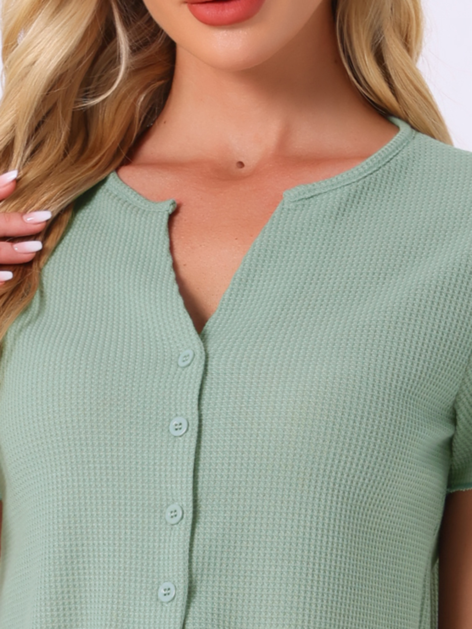 DARING DIVA Crop Topswith Waffle Knit Button Down Pajamas 2 Pieces M Green