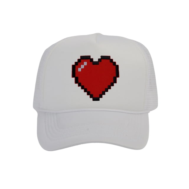 Men's 80's Retro Large 8 Bit Pixelated Heart Gamer Trucker Hat, White