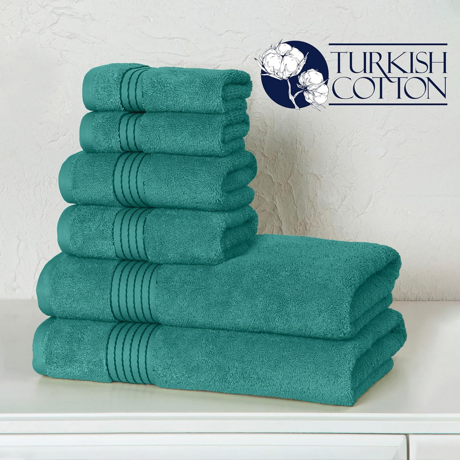 Holiday Gift Cotton 6-Piece Towel Set, Includes 2 Washcloths, 2 Hand Towels and 2 Bath Towels, 100% Turkish Cotton - Highly Absorbent and Super Soft Towels for Bathroom, Turquoise