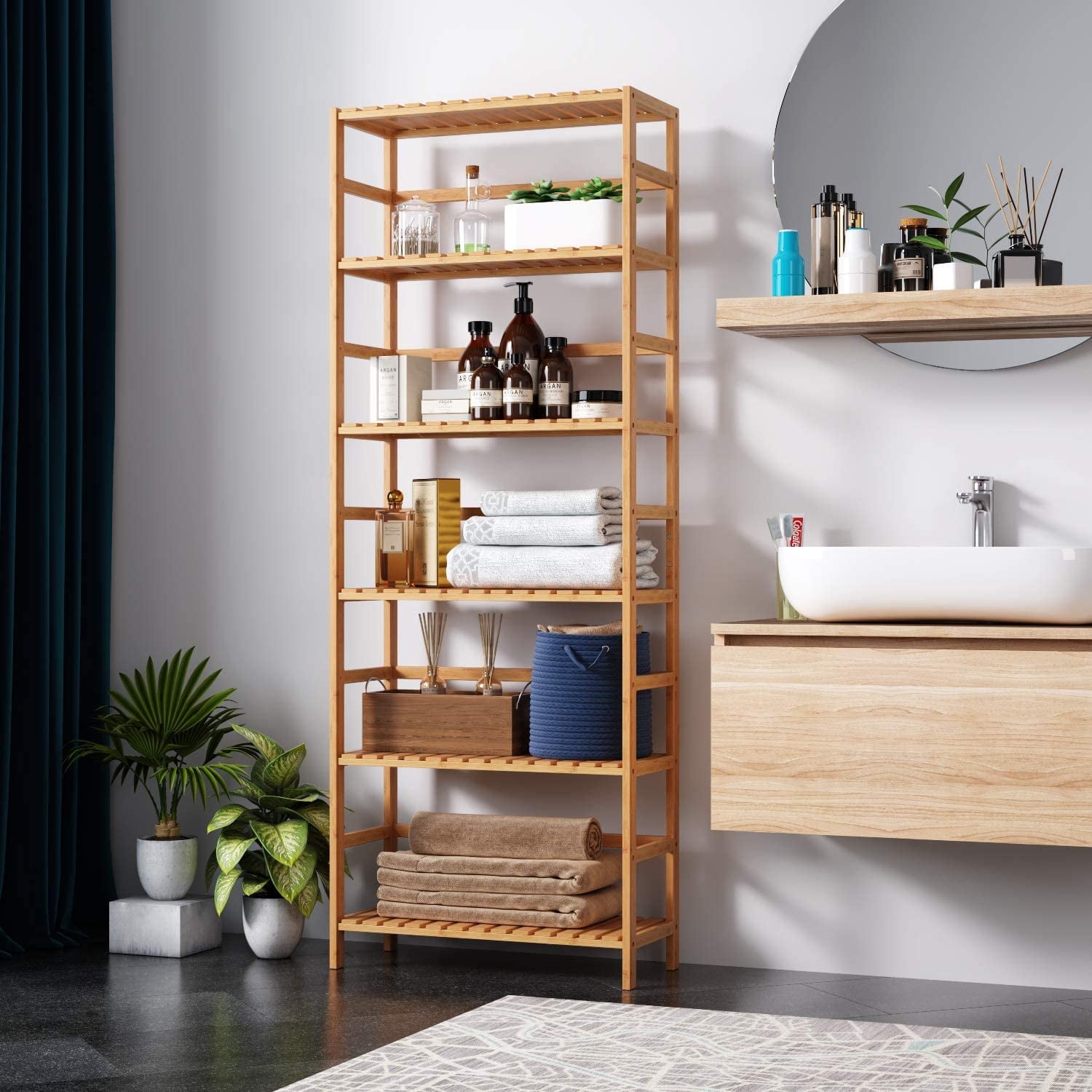 Homfa 6 Tier Bathroom Cabinet, Storage Rack for Bathroom, 63.4''H Tall Shelf Organizer Bamboo Linen Cabinet, 2 PCS, Nature