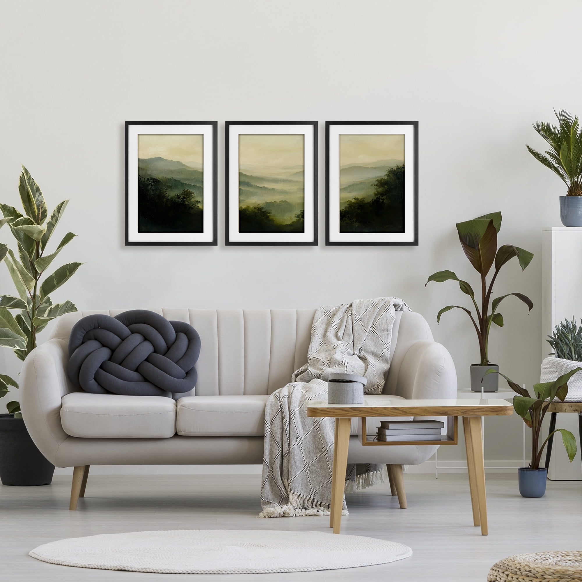Stupell Industries Through The Haze Mountain Panorama 3 Piece Black Framed Print Under Glass Set, design by Petal Prints Design