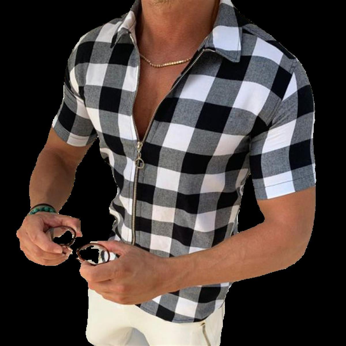 Men Business Slim-Fit Short-Sleeve Plaid Button Down Shirt 