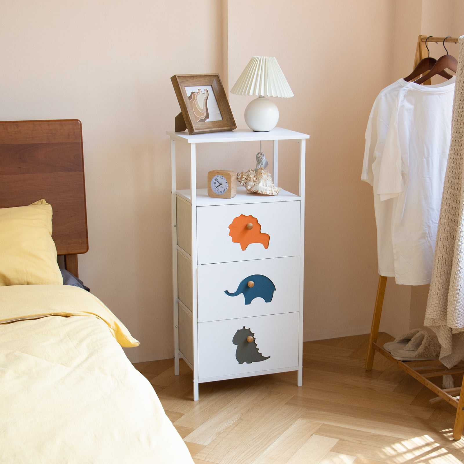 FRAPOW 3 Drawer Dresser, Storage Organizer Dressers with Wood Top Sturdy Steel Frame Storage Organizer Unit, Kids Dresser with 3 Fabric Drawers Shelf, White