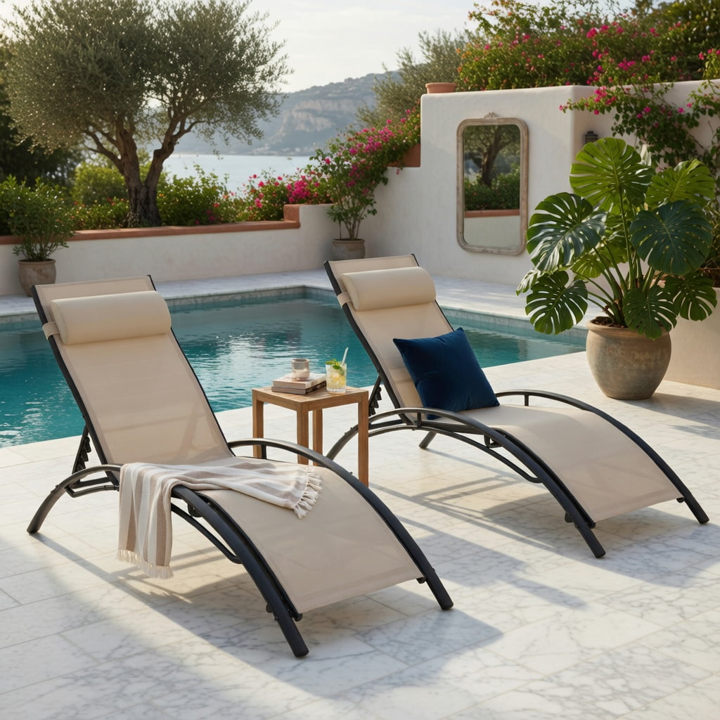 Hommoo 2-Piece Outdoor Chaise Lounge Set with 5-Position Adjustable Reclining Backrest, Heavy-Duty Metal Frame, Breathable All-Weather Fabric, Beige