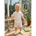 thumbnail image 4 of BemeyourBBs Toddler Baby Boys Summer Clothes Infant Baby Boys 2 Piece Summer Outfit Solid Color Eyelet Lapel Short Sleeve Button Down Shirt Top and Shorts 2Pcs Set, 4 of 9