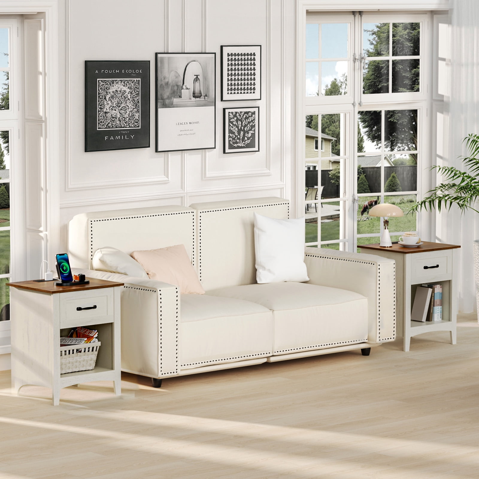 Hommpa Set of 2 End Table With Charging Station For Living Room, Farmhouse Side Table with Drawer, Nightstand Bedside Table with Storage Shelves For Bedroom, Rustic White