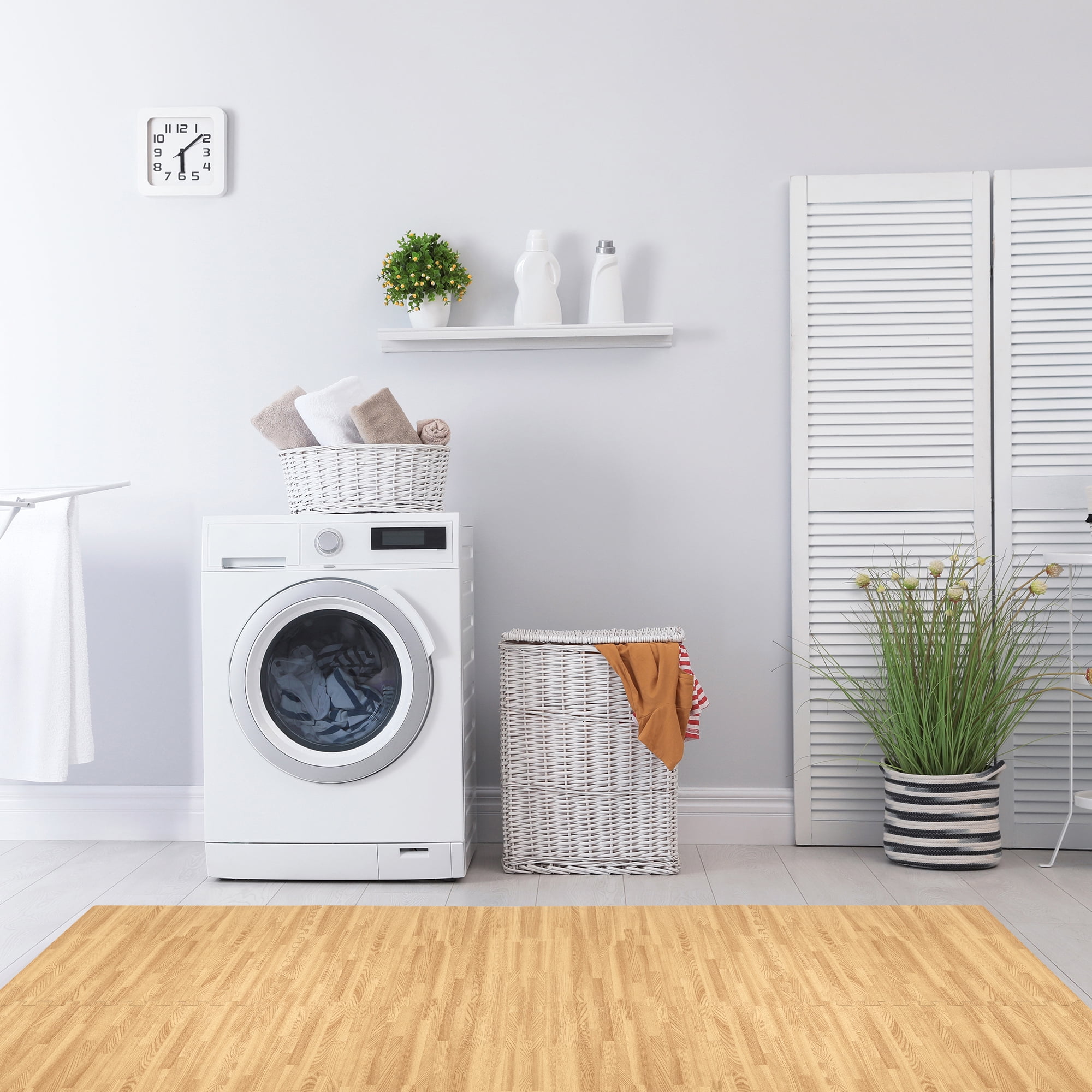 Forest Floor Premium Wood Grain Foam Floor Tiles, White EVA Foam, 100 Sq Ft (25 Tiles), Anti-Fatigue Flooring