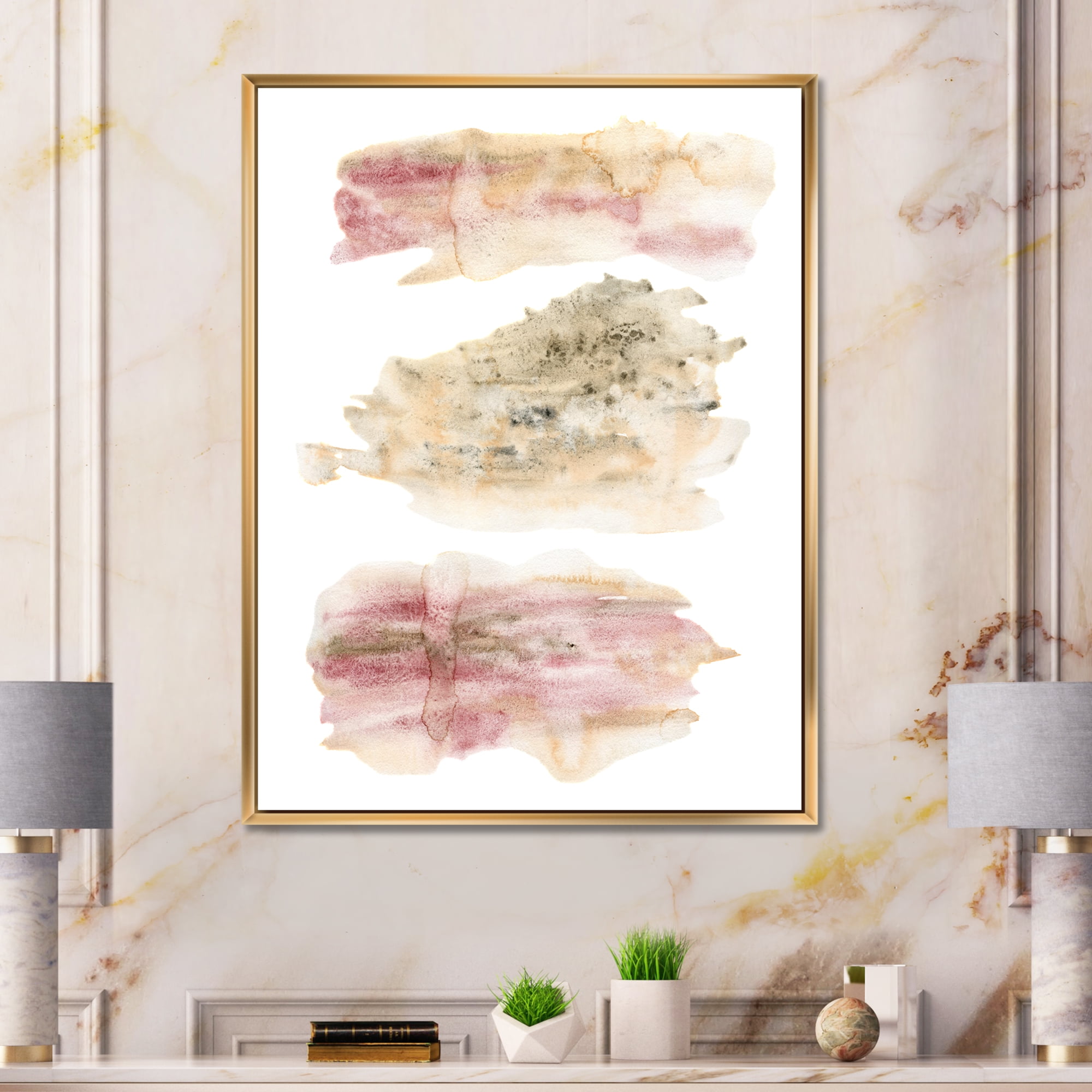 Pink and Golden Abstract Clouds 24 in x 32 in Framed Painting Canvas Art Print, by Designart