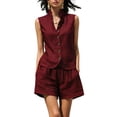 thumbnail image 3 of VBVC Women's Linen Sleeveless Vest 2 Piece Short Sets , Summer Vacation Matching Outfits For Women , Ladies' Stand Collar Button Suit Sets with Pockets,Wine,S-2XL, 3 of 6
