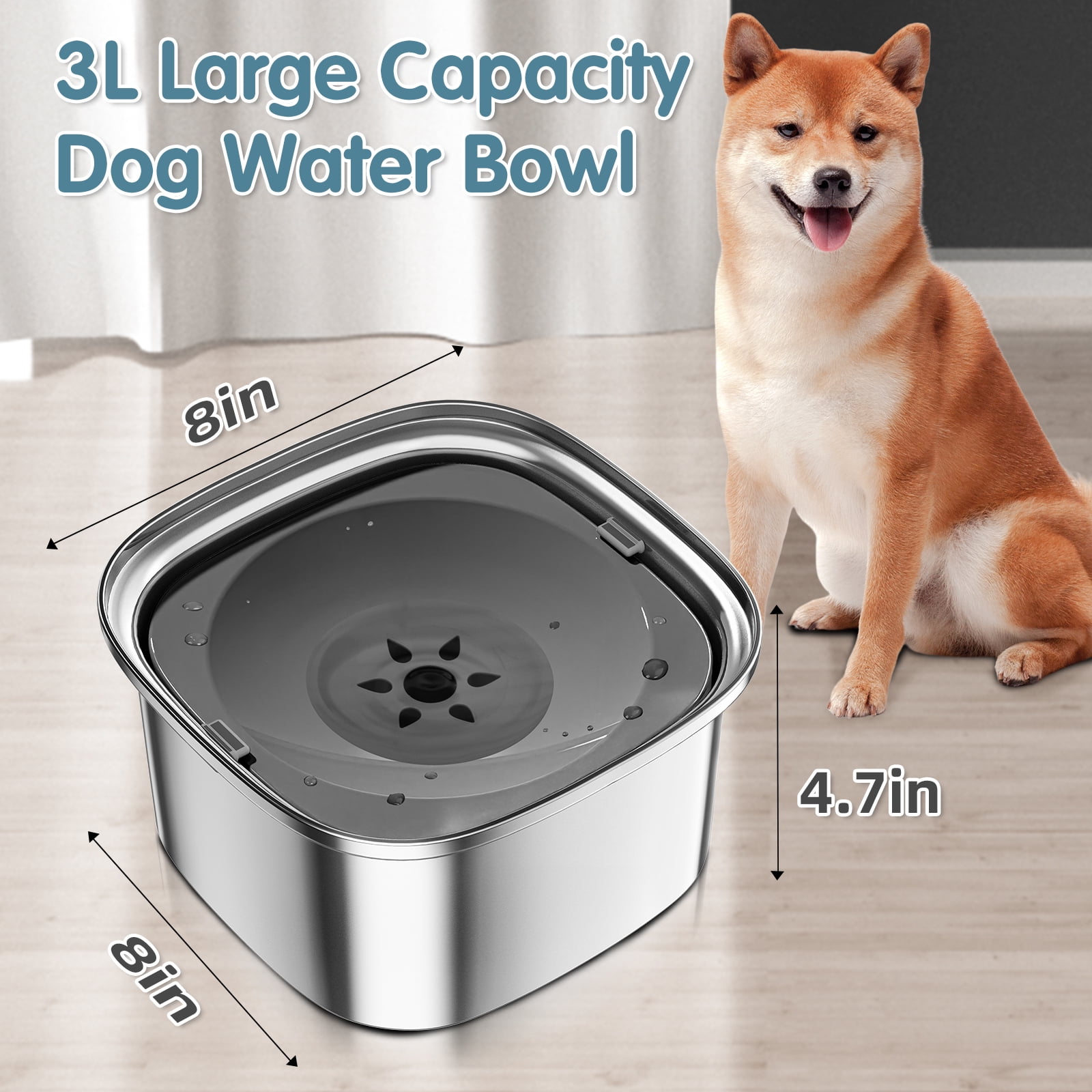 UPSKY 3L Dog Water Bowl 101oz Stainless Steel Dog Bowl No Spill Large Capacity Slow Water Feeder