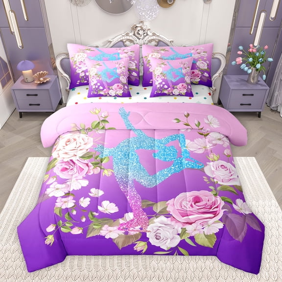 Homewish Children Teenagers Sport Figure Skating Twin Bedding Sets 7-Piece,Gradient Bling Splash Bedding Comforter Set Microfiber,Chic Floral Flowers Breathable Sheet Sets,Super Cozy Room Decor