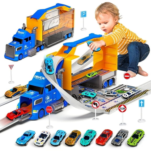 Huge Wave Carrier Truck Race Track Toys for Kids, 2 in1 Transport Trucks Set W/Track & 8 Race Cars, Racing Toys for 3-8 Years Old Boys Kids Toddler Car Set Gifts for Boys and Girls(Blue)
