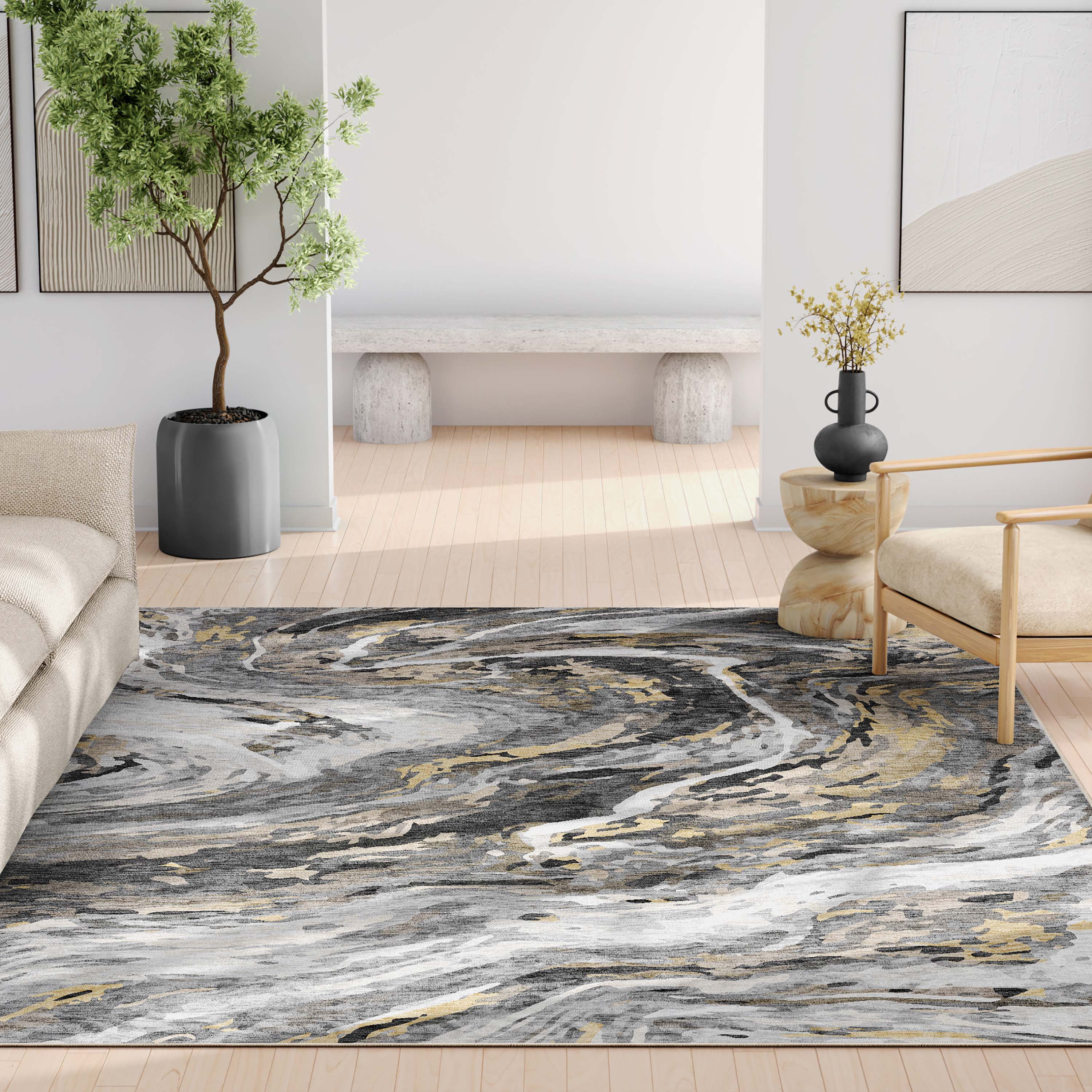 Well Woven Abstract Dunes Modern Retro Marble Flat-Weave Gray Gold 5'3" x 7'3" Area Rug
