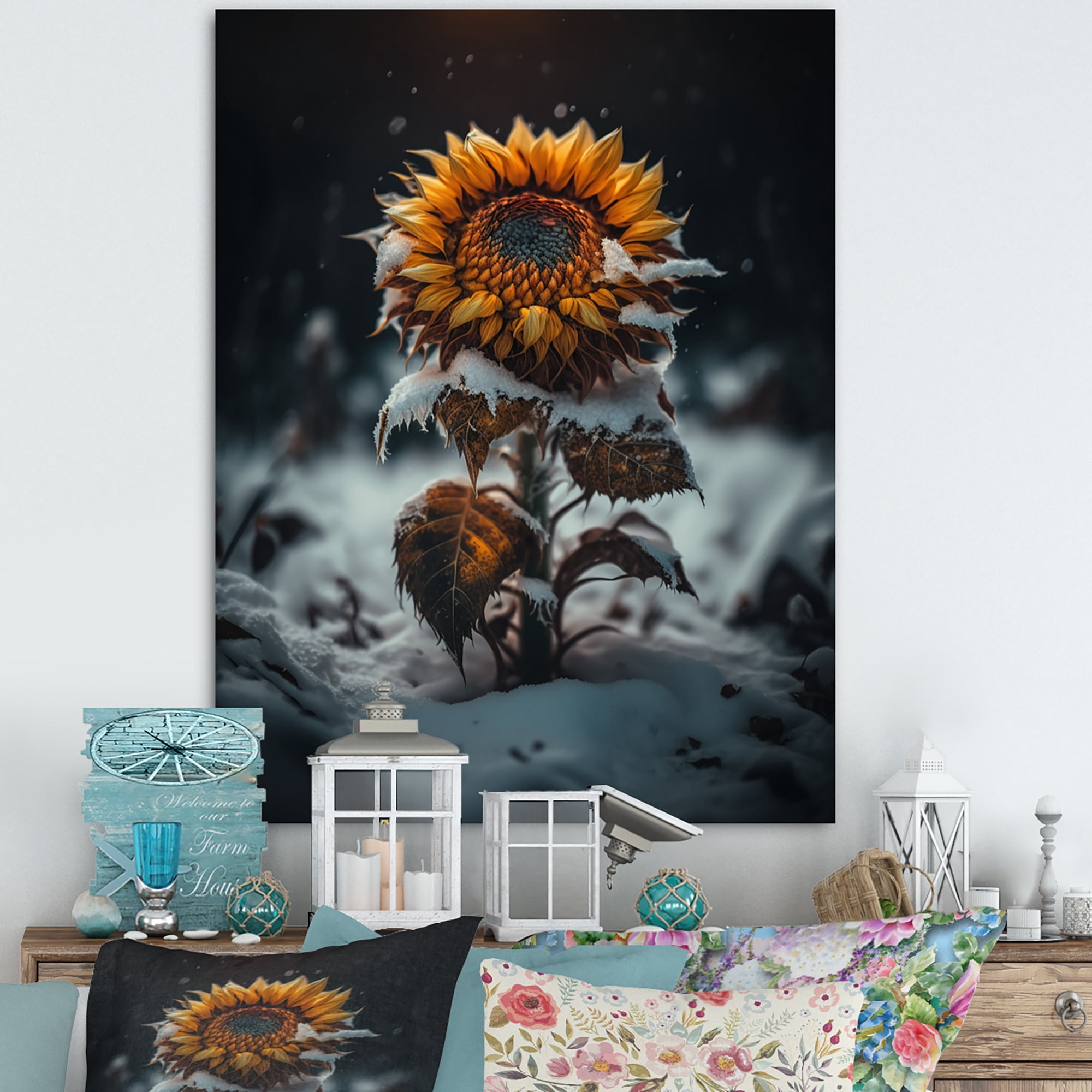 Designart A Blooming Yellow And Orange Sunflower Winter I Canvas Wall Art