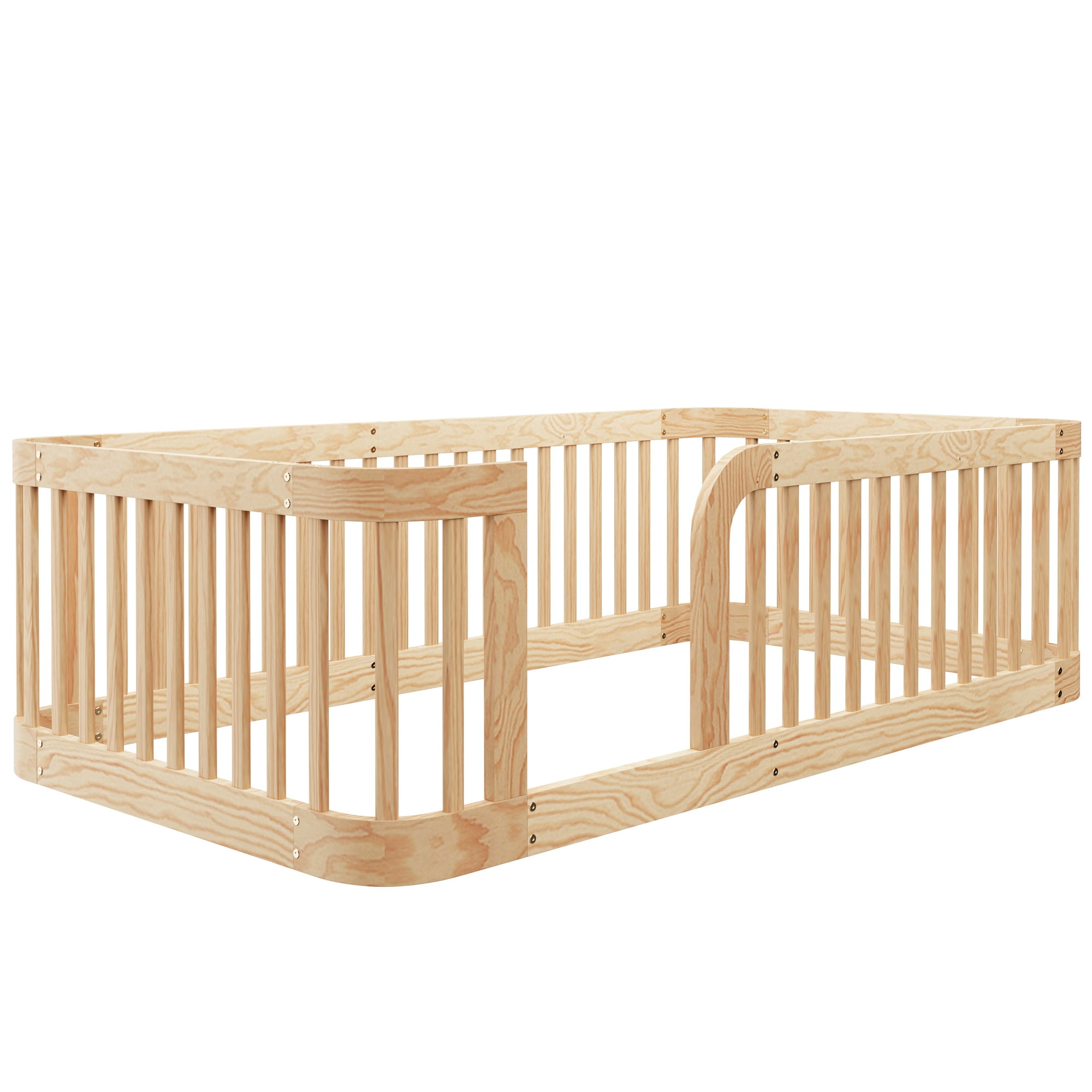 Euroco Twin Size Floor Bed with Fence for Kids and Toddlers, Natural