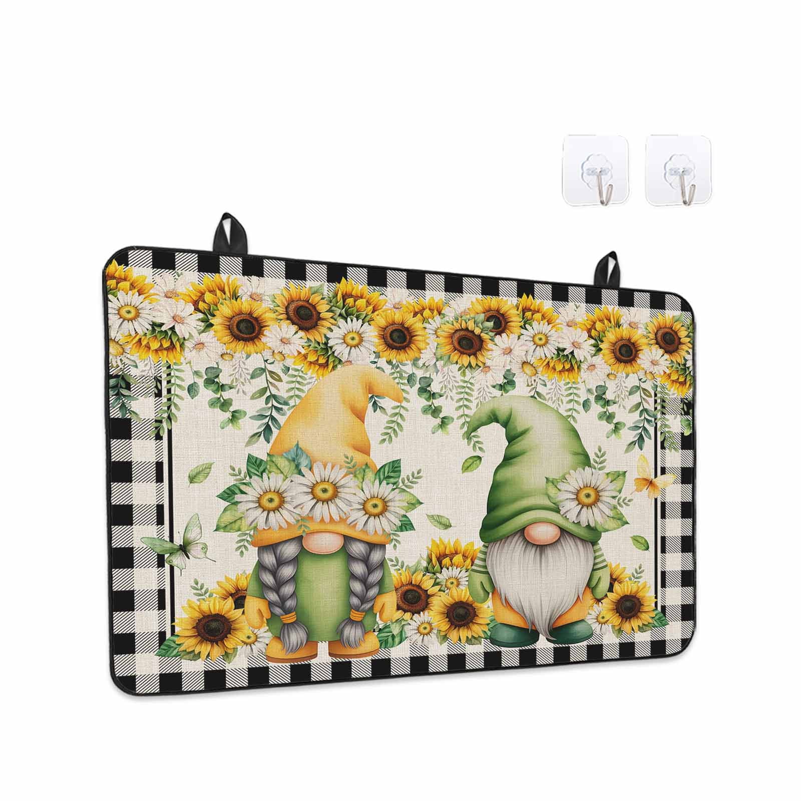 Sunflower Gnomes Stove Top Cover for Electric Stove, Heat-proof & Non Slip Glass Top Stove Cover Protector, Spring Farmhouse Vintage Daisy Floral Leaf Kitchen Flat Cooktop Rubber Mat 24x21 Inches