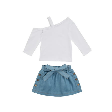 

Binpure Baby Girl Denim Waist Band Skirt Single Shoulder Long Sleeve Tops