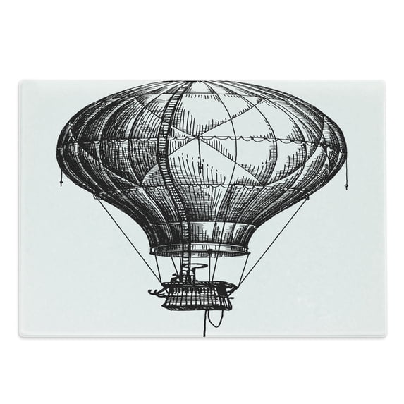 Sketchy Cutting Board, Big Hot Air Balloon in the Sky Vintage Style Travel and Transportation Theme Art, Decorative Tempered Glass Cutting and Serving Board, Large Size, Black White, by Ambesonne