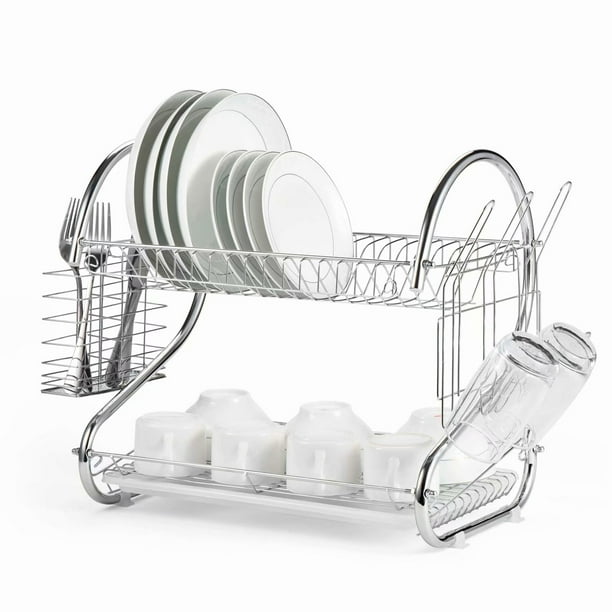 2Tier Dish Rack with Utensil Holder, Cup Holder and Dish Drainer SShaped, RustResistant Dish