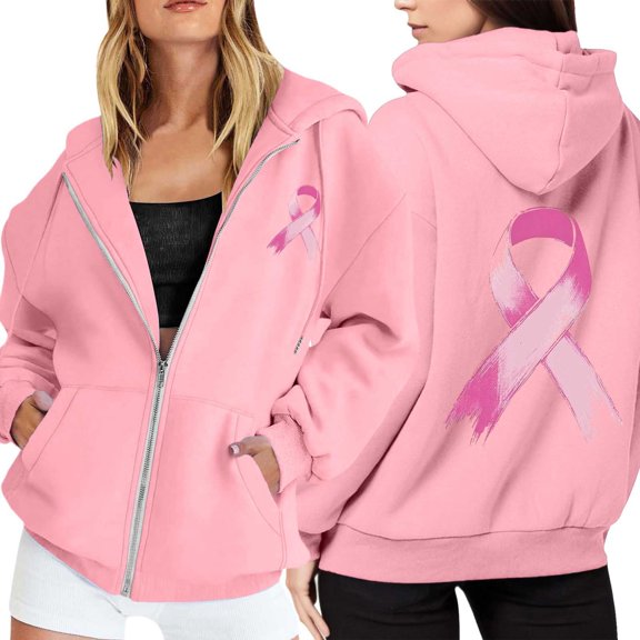 Breast Cancer Awareness Hoodie for Women 2025 Long Sleeve Zip Up Hoodies with Pockets Hooded Sweatshirt Jacket