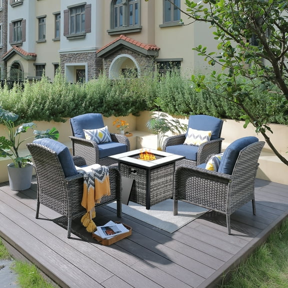 XIZZI 5 PCS Patio Furniture Set Outdoor Conversation Set with 30" Square Fire Pit,Blue