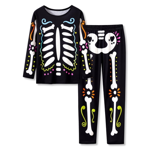 Beezizac Tween Girls Jammies Halloween Black Skeleton Pajamas 2-Piece Long Sleeve PJ Set Clothes Size 10