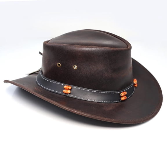 StellMan Outback Leather Bush Hat – Handcrafted Cowboy Hat with Beaded Band – Western Style for Men & Women
